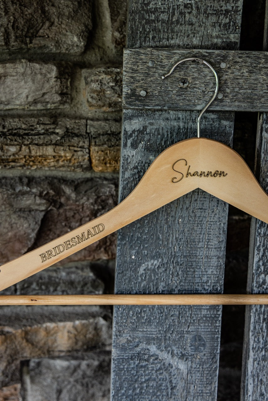 dress hangers wedding Wood for Bride & Bridal Party Etch Society Created In House at EverlyGrayce Color of wording is natural hue of wood Personalized Wedding Hangers made with