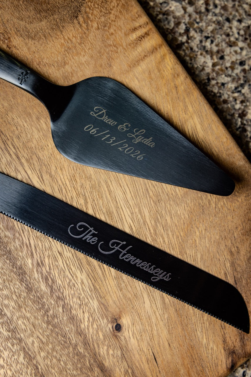 Personalized Wedding Cake Knife &amp; Server Set – Matte Black