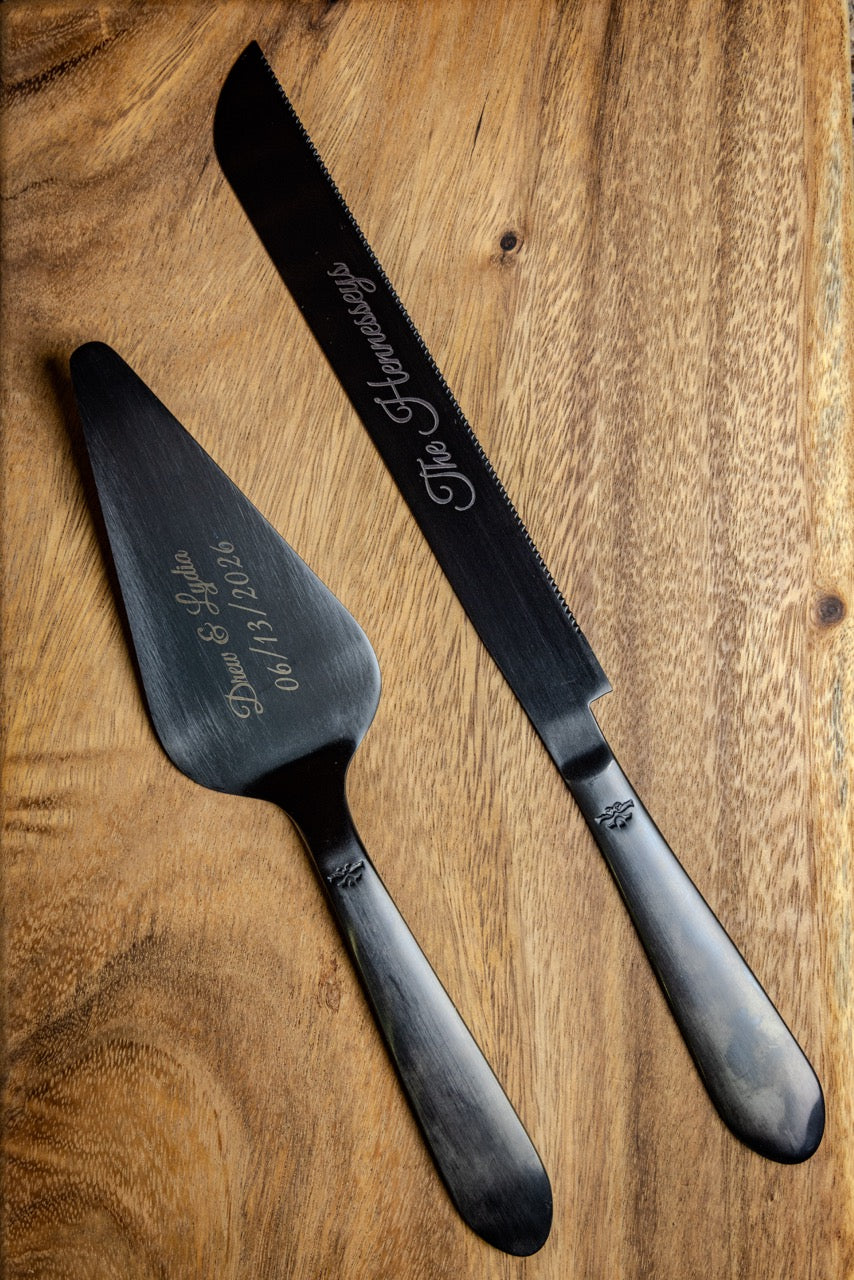 Personalized Wedding Cake Knife &amp; Server Set – Matte Black